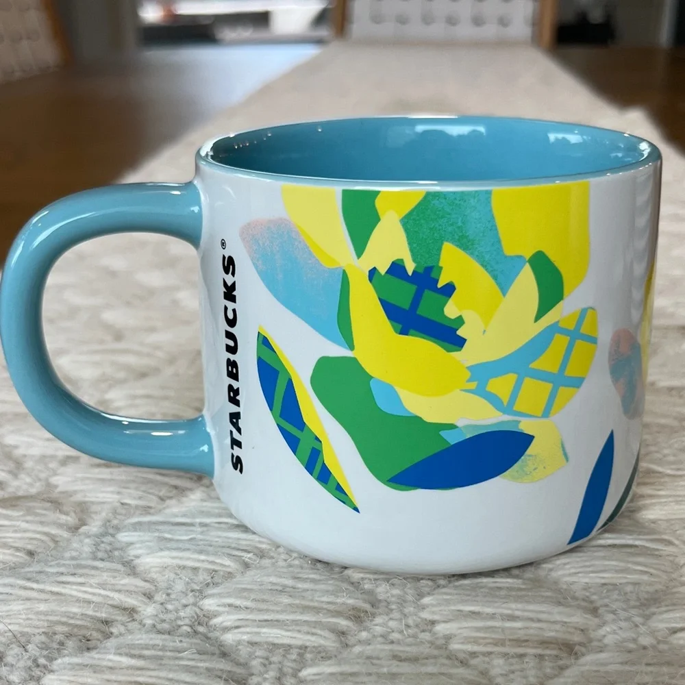 NWOT Starbucks Mug and with Blue and Yellow Floral Design - set of two